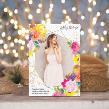 Gold glitter boho bold floral photo graduation