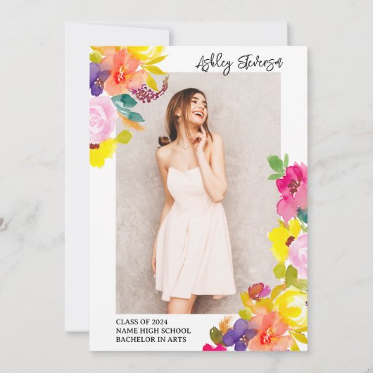 Gold glitter boho bold floral photo graduation dankeskarte (Rückseite)