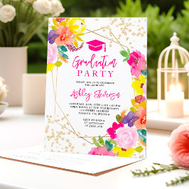 Gold glitter boho bold floral photo graduation einladung