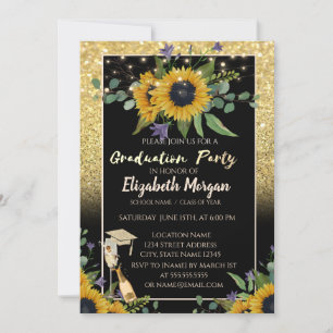 Gold Glitter Bokeh, Wein, Glas, Sonnenblumen  Einladung