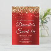 Gold Glitter Bright Red Foil Sweet 16 Einladung (Stehend Vorderseite)