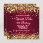 Gold Glitter Burgundy Ombre 90th Birthday Einladung (Vorne/Hinten)