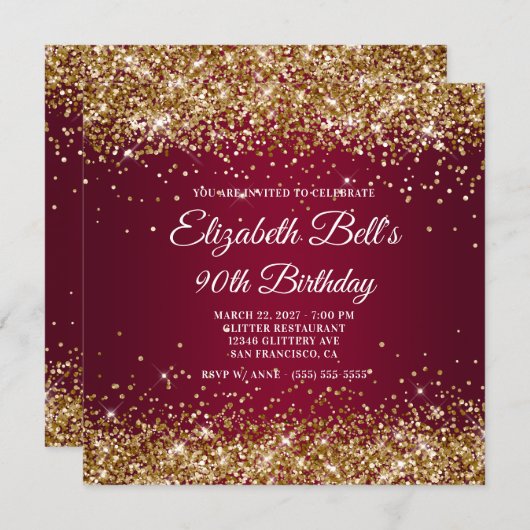 Gold Glitter Burgundy Ombre 90th Birthday Einladung (Vorne/Hinten)