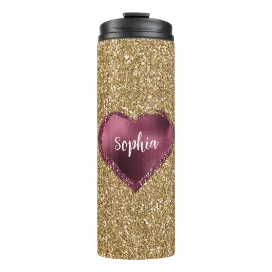 Gold Glitter Burgundy Red Heart Love Thermosbecher (Vorderseite)