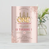 Gold Glitter Castle,Rose Gold Drips 1st Birthday Einladung (Stehend Vorderseite)