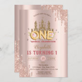 Gold Glitter Castle,Rose Gold Drips 1st Birthday Einladung (Vorne/Hinten)