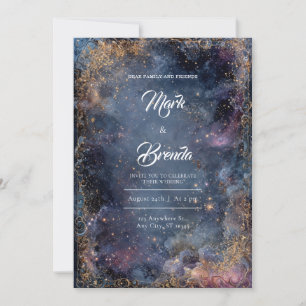 Gold Glitter Celestialer Nebel Blau Rosa Hochzeit Einladung