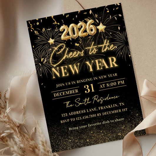 Gold Glitter Cheers to the New Year Invitation Einladung