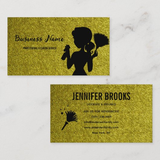 Gold Glitter Cleaning Service Housekeeper Maid Visitenkarte (Vorne/Hinten)