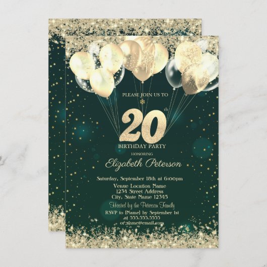 Gold Glitter Confetti Balloons Green 20th Birthday Einladung (Vorne/Hinten)