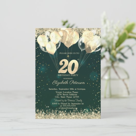 Gold Glitter Confetti Balloons Green 20th Birthday Einladung (Stehend Vorderseite)