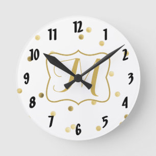 Gold Glitter Confetti Monogram Initial Wall Clock Runde Wanduhr