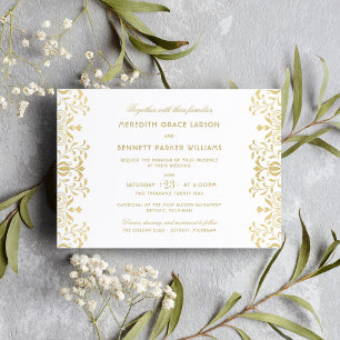Gold Glitter Damast-Rand Hochzeit Einladung