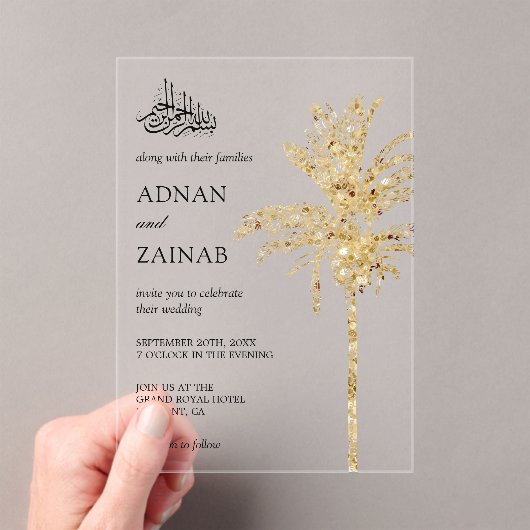 Gold Glitter Date Palm Muslim Wedding Acryleinladungen (Insitu (Handheld))