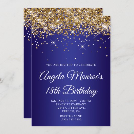 Gold Glitter Deep Blue Gradient 18th Birthday Einladung (Vorne/Hinten)