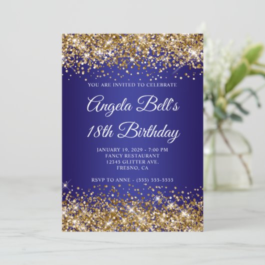 Gold Glitter Deep Blue Ombre 18th Birthday Einladung (Stehend Vorderseite)