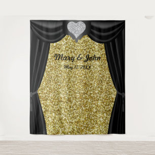 Gold Glitter Diamant Herz Schwarzer Vorhang Hinter Wandteppich