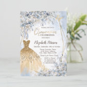 Gold Glitter Dress Blue Flowers Quinceanera Einladung (Stehend Vorderseite)
