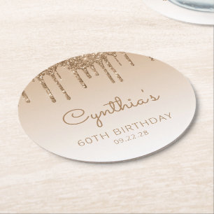 Gold Glitter Drip 60. Geburtstagsfeier Runder Pappuntersetzer