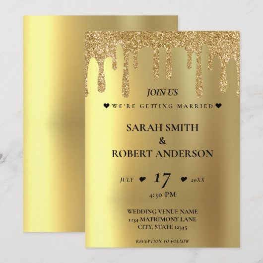 Gold Glitter Drip Wedding Einladung (Vorne/Hinten)