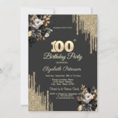 Gold Glitter Drips Black Roses Dark 100th Einladung (Vorderseite)