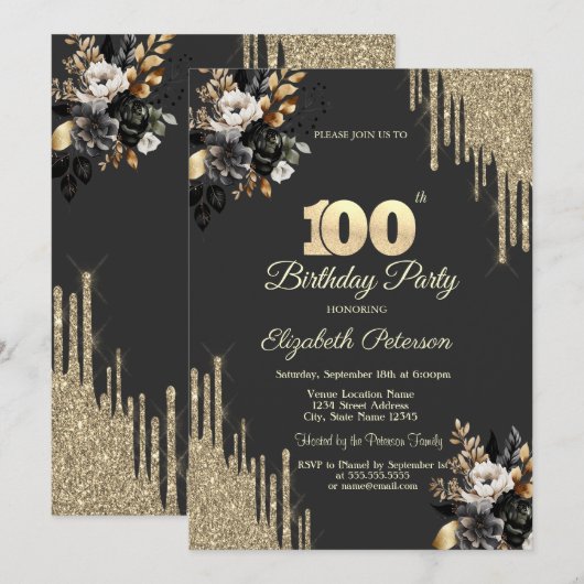 Gold Glitter Drips Black Roses Dark 100th Einladung (Vorne/Hinten)
