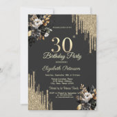 Gold Glitter Drips Black Roses Dark 30th Birthday  Einladung (Vorderseite)