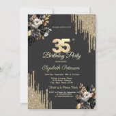 Gold Glitter Drips Black Roses Dark 35th Birthday Einladung (Vorderseite)