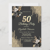 Gold Glitter Drips Black Roses Dark 50th Birthday  Einladung (Vorderseite)