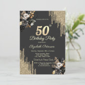 Gold Glitter Drips Black Roses Dark 50th Birthday  Einladung (Stehend Vorderseite)