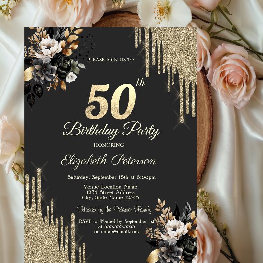 Gold Glitter Drips Black Roses Dark 50th Birthday  Einladung