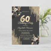 Gold Glitter Drips Black Roses Dark 60th Birthday Einladung (Stehend Vorderseite)