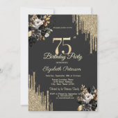 Gold Glitter Drips Black Roses Dark 75th Birthday Einladung (Vorderseite)