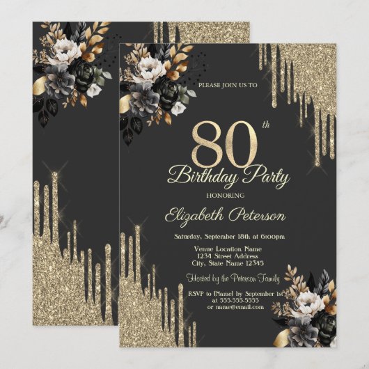 Gold Glitter Drips Black Roses Dark 80th Birthday Einladung (Vorne/Hinten)