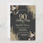 Gold Glitter Drips Black Roses Dark 90th Birthday Einladung (Vorderseite)
