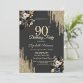 Gold Glitter Drips Black Roses Dark 90th Birthday Einladung (Stehend Vorderseite)