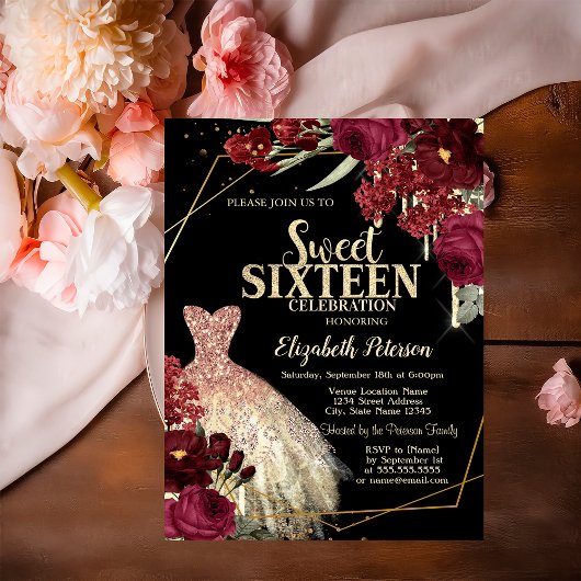 Gold Glitter Drips,Dress Red Roses Sweet 16 Einladung