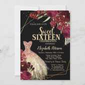 Gold Glitter Drips,Dress Red Roses Sweet 16 Einladung (Vorderseite)