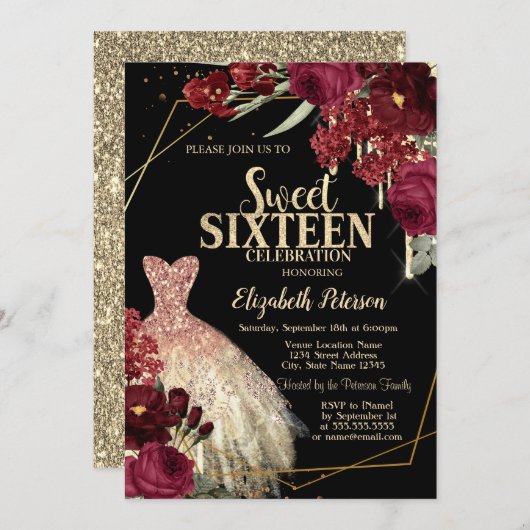 Gold Glitter Drips,Dress Red Roses Sweet 16 Einladung (Vorne/Hinten)