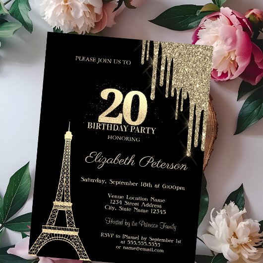 Gold Glitter Drips, Eiffel Tower 20th Birthday Einladung