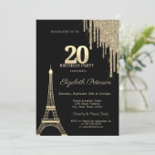Gold Glitter Drips, Eiffel Tower 20th Birthday Einladung (Stehend Vorderseite)