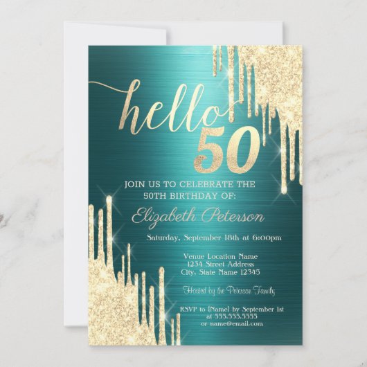 Gold Glitter Drips Green Metallic 50th Birthday Einladung (Vorderseite)