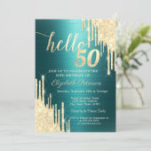 Gold Glitter Drips Green Metallic 50th Birthday Einladung (Stehend Vorderseite)