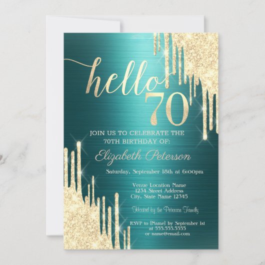 Gold Glitter Drips Green Metallic 70th Birthday Einladung (Vorderseite)