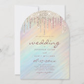 Gold Glitter Drips Rainbow Holographic Wedding Einladung (Vorderseite)