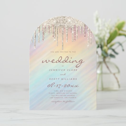 Gold Glitter Drips Rainbow Holographic Wedding Einladung (Stehend Vorderseite)