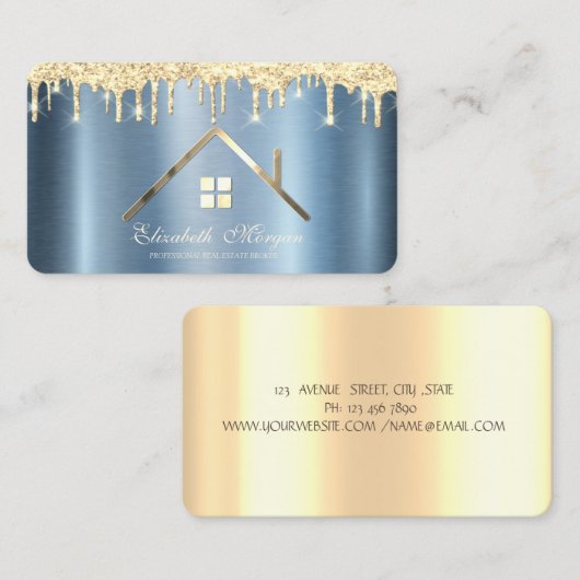  Gold Glitter Drips Real Estate Blue Metallic Visitenkarte (Vorne/Hinten)