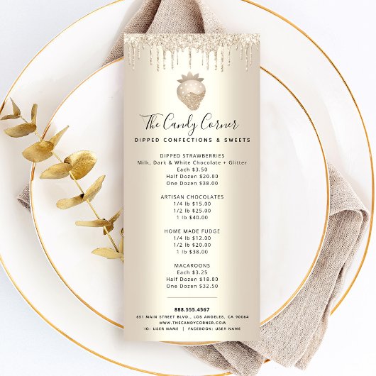 Gold Glitter Drips Strawberry Dessert Sweets Menu Werbekarte
