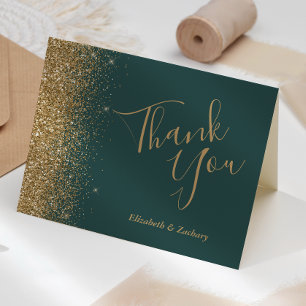 Gold Glitter Dunkelgrüne Hochzeit Danke Karte