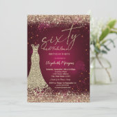 Gold Glitter Dust Border Dress Red 60th Birthday  Einladung (Stehend Vorderseite)